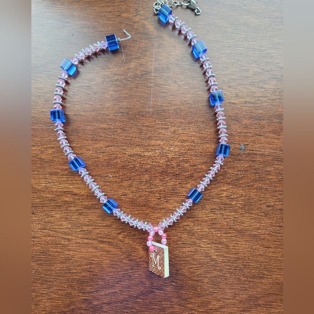 💎Handmade Pink and Blue Beaded Necklace with Monogram M Pendant